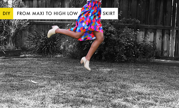 Turn a long, maxi skirt into a trendy high-low skirt in under 5 minutes using basic supplies!