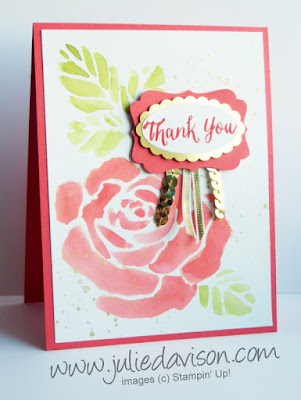 Stampin' Up! Rose Wonder Thank You Card: Use AquaPainter to watercolor with Rose Garden die cut #stampinup Occasions Catalog www.juliedavison.com