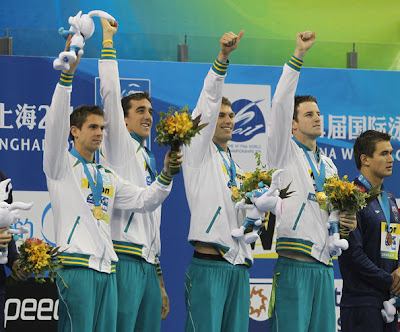 Australia takes the gold medal in the 4x100m freestyle final at the Swimming World Championships in Shanghai photos