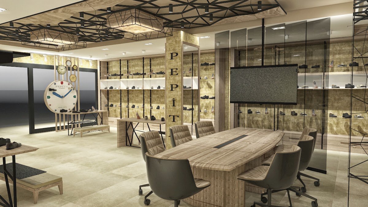 3d mimari çizim ayakkabı showroom mağaza dekorasyon ev dekorasyon