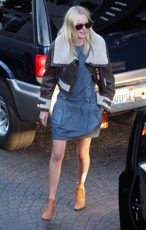 Lovely short denim dress grey shearling coat and camel ankle booties