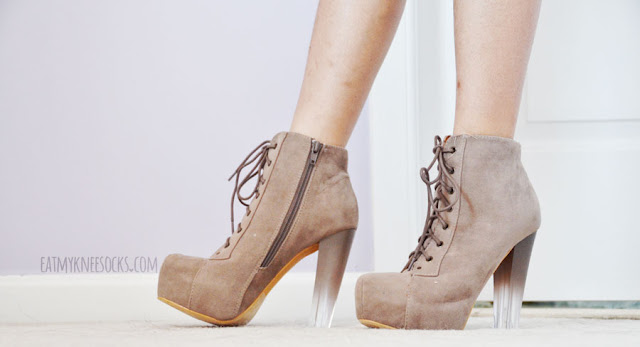 AMIClubwear Review: Gradient Heel Booties AMIClubwear sells these sexy taupe Jeffrey Campbell Lita platform booties dupes for just $10 a pair, with a unique gradient lucite/clear heel.
