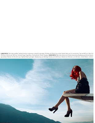 woman on airplane wing, airport, redhead, neon hair, mountains, fashion shoot