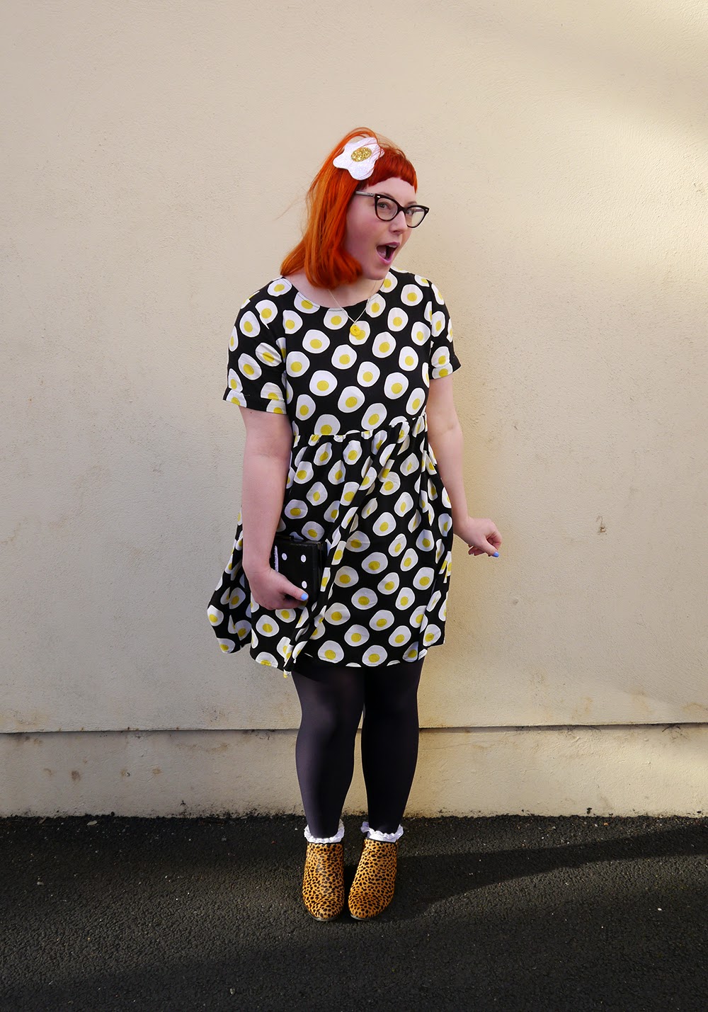 Egg themed outfit, food outfit, food style, The Whitepepper egg dress, Luna on the Moon glitter egg brooch hair clip, Nikki McWilliams party ring necklace, Duo leopard print ankle boots, frilly socks, birthday outfit, scottish blogger, Next domino clutch bag, red head, ginger blogger
