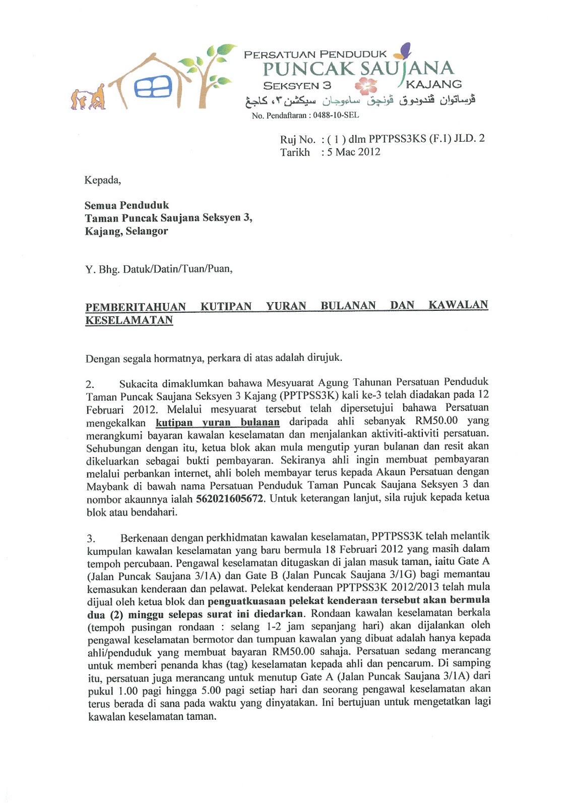 Contoh Surat Makluman Kutipan Yuran