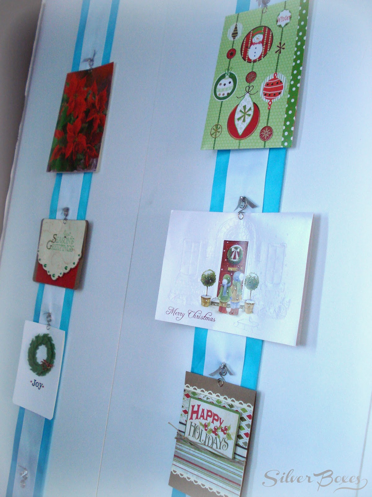 Silver Boxes Pretty Ribbon Christmas Card Display