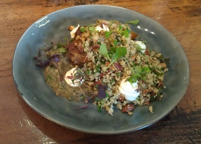 Pulled lamb, red quinoa tabbouleh salad, baba ghanoush and minted yoghurt, Mr Foxx