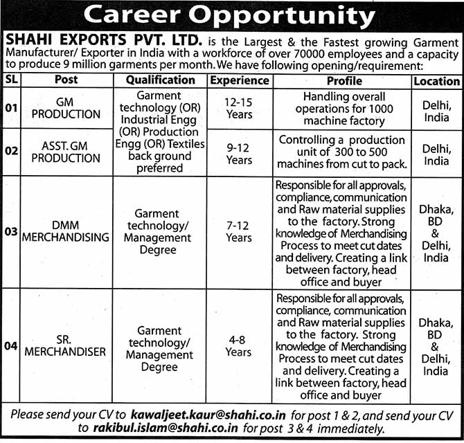 Jobs Barta Shahi Exports Pvt Ltd Jobs Circular, Post GM, AGM