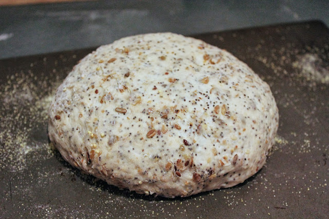 Risen dough for toasted harvest grains bread