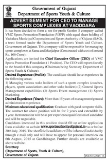 Chief Executive Officer vacancy post in Sports Complexes in Vadodara Gujarat
