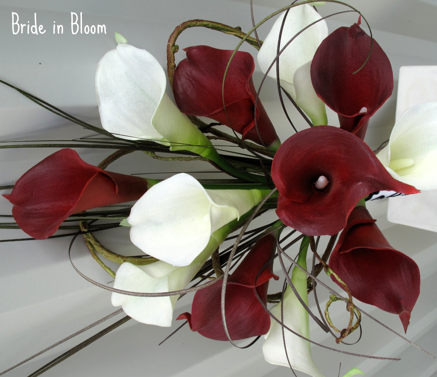 Bride in Bloom Bridal bouquet, real touch red & white calla lilies