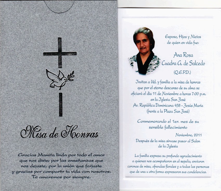 Invitación a la misa de honras de nuestra paisana Ana Rosa Cuadra en Lima