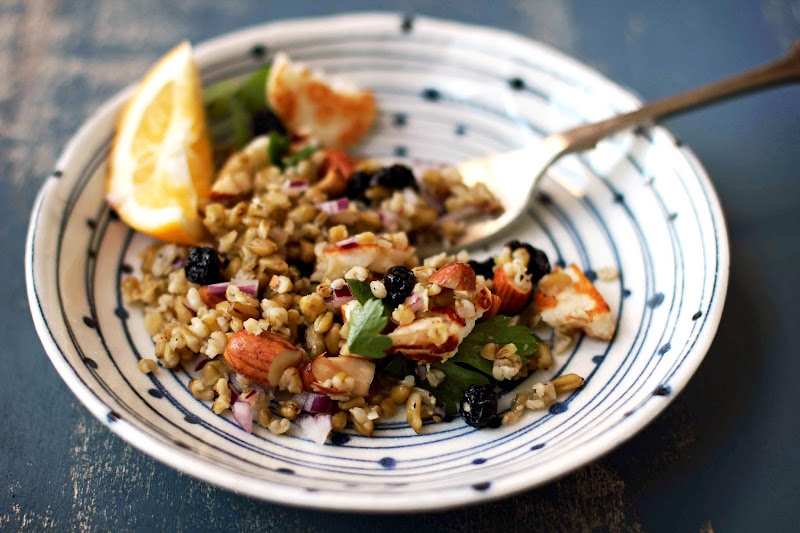 Milk and Honey Freekah Salad with Halloumi, Toasted Almonds, Lemon and