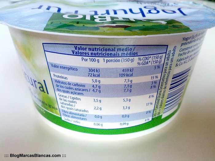 Información nutricional del yogur natural ecológico GutBio de Aldi.