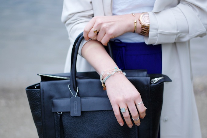 H&M trench coat, J.Crew indigo trousers and Coach Riley handbag by Vancouver fashion blog Covet and Acquire.