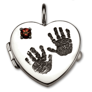 Sterling Silver Heart Shaped Locket with Baby Hand Prints and Garnet Birthstone