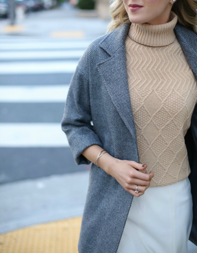 Grey Herringbone Coat Camel Cableknit Turtleneck