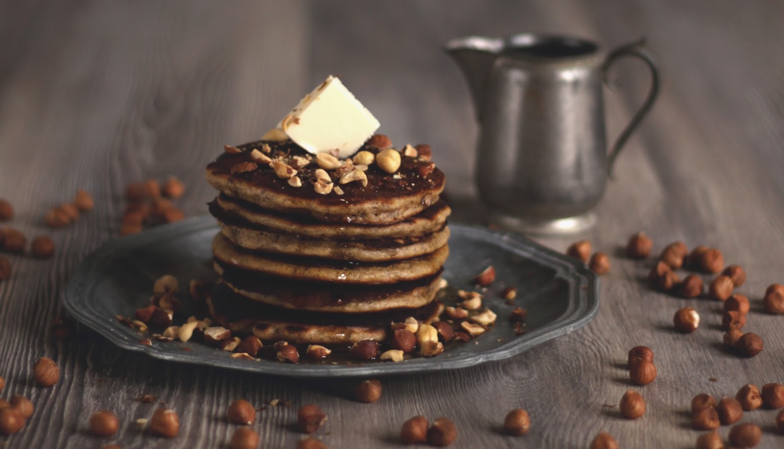 Pancake Stories Classy Hazelnut Pancakes with Butter and Maple Syrup