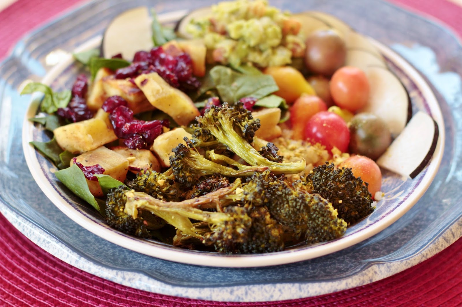 Sage Trifle Roasted Sweet Potato and Broccoli Rice Bowl with Fresh Spinach
