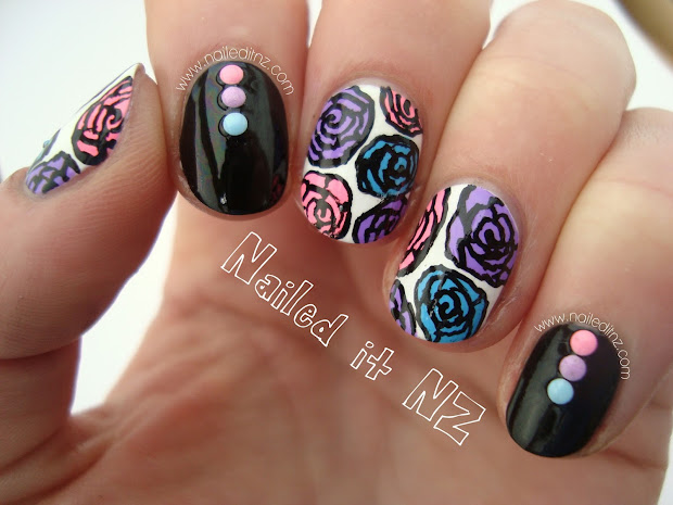 pink purple & blue rose nail art