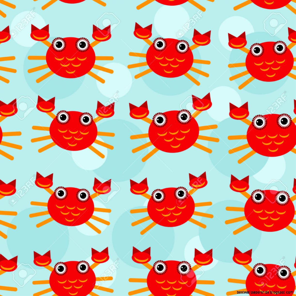 Red Crayfish Seamless Pattern With Funny Cute Animal On A Blue Red Crayfish Seamless Pattern With Funny Cute Animal On A Blue