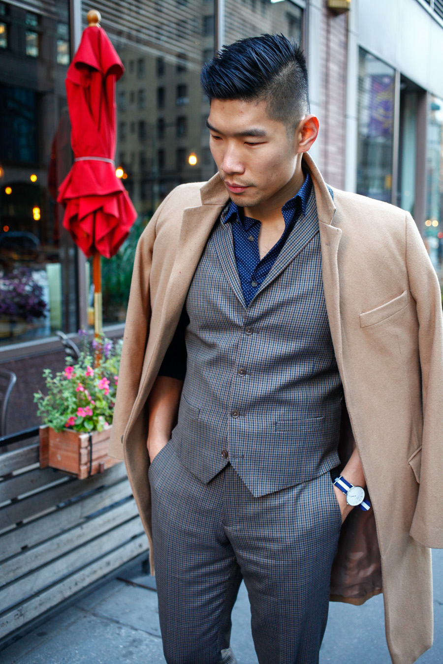 Levitate Style, Bar III, Olive Three-Piece Suit, Work Party, Work Holiday Party, Menswear, Pattern Mixing, Leo Chan