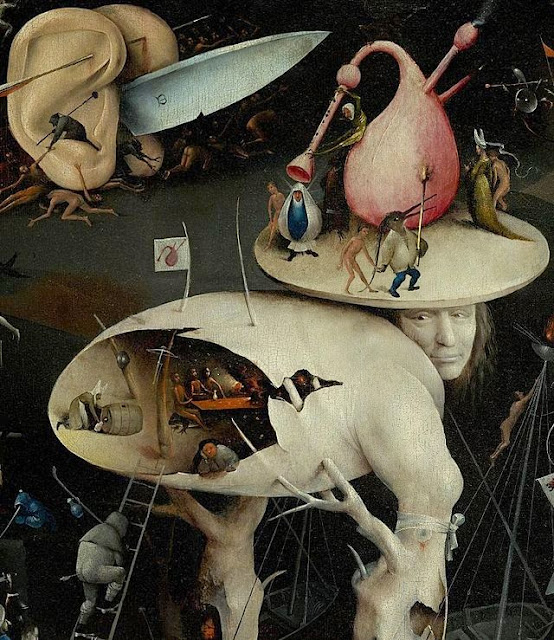 The Tree-Man on the right panel, and a pair of human ears brandishing a blade. A cavity in the torso is populated by three naked persons at a table, seated on an animal, and a fully clothed woman pouring drink from a barrel. From triptych: The Garden of Earthly Delights. Text from Wikipedia