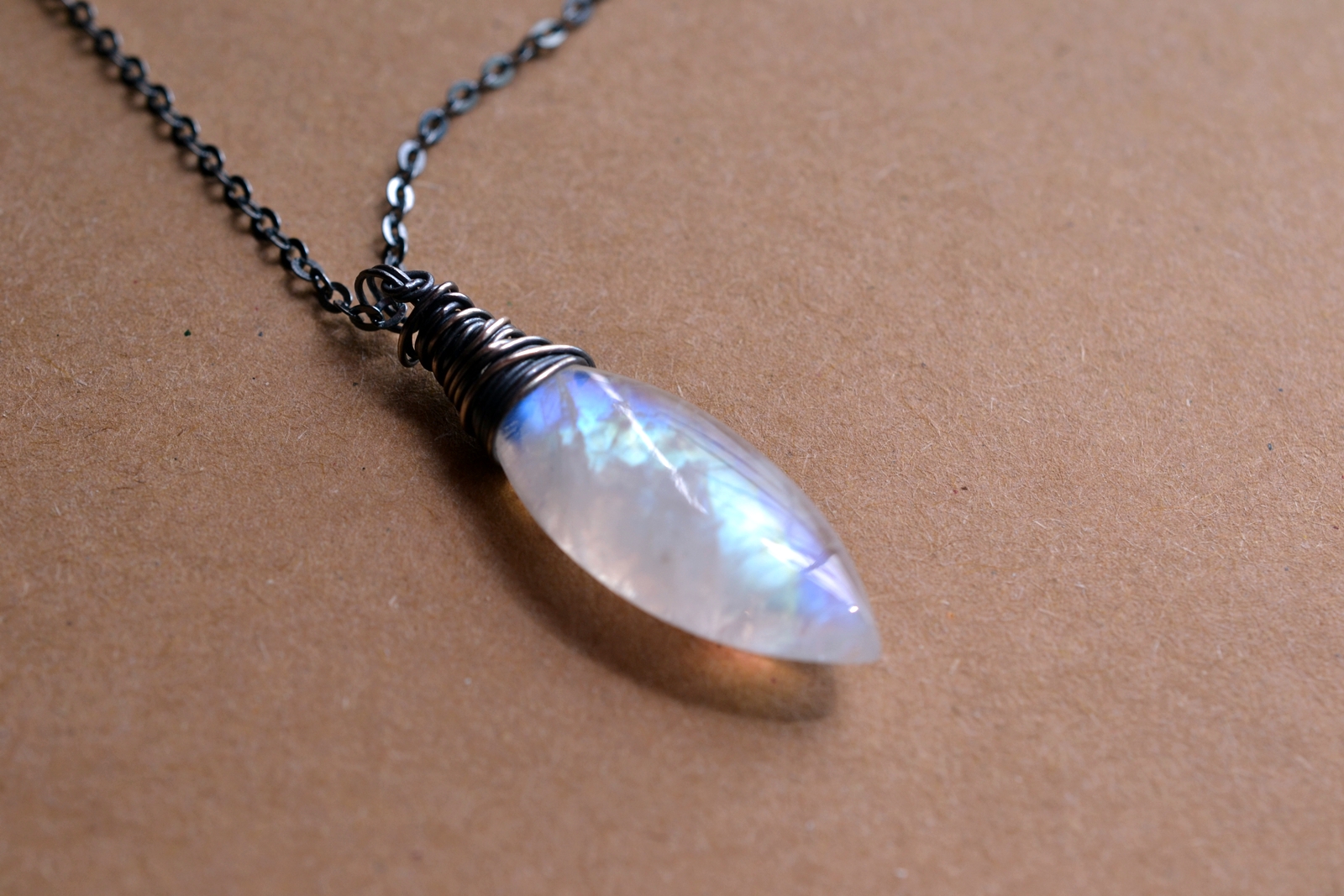 Large Moonstone Necklace, Glowing Blue Flash Moonstone on Oxidized Sterling Silver Chain,AAAA