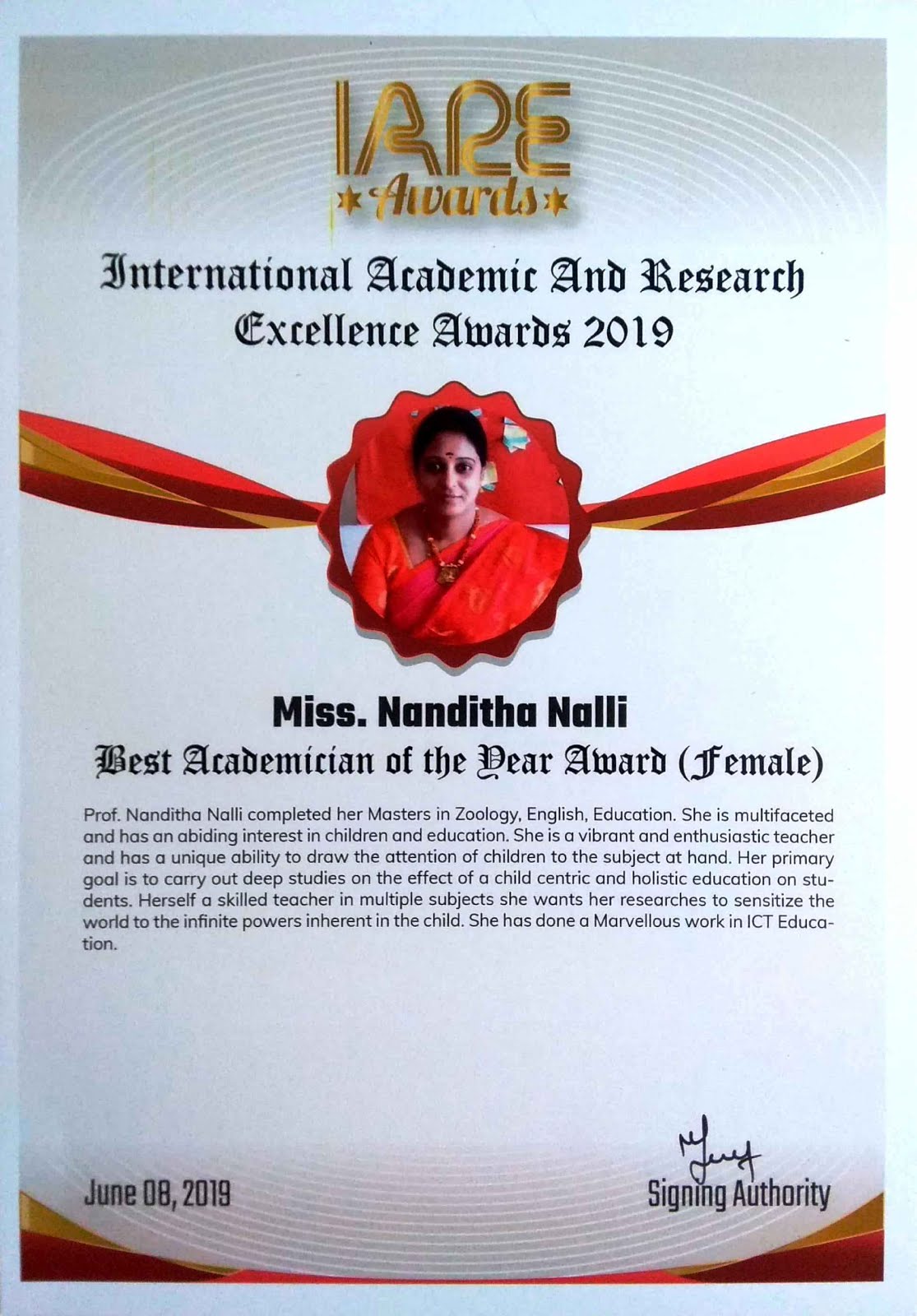 RECEIVED  “INTERNATIONAL  ACADEMIC AND RESEARCH EXCELLENCE AWARD (IARE 2019)