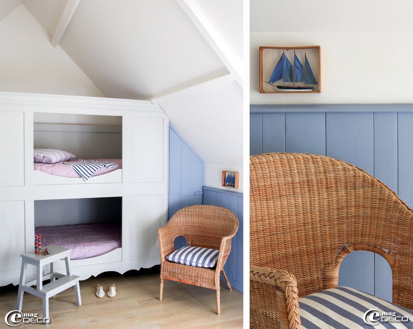À l’étage d'un Gîte Marin des Maisons de Bricourt, une chambre d'enfants avec un lit superposé inspiré des anciens lits-clos bretons