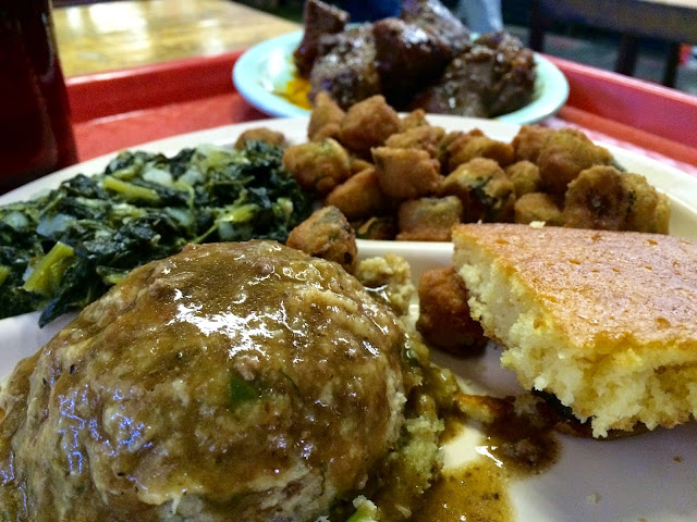 Cornbread Dressing with Gravy, Fried Okra, and Greens