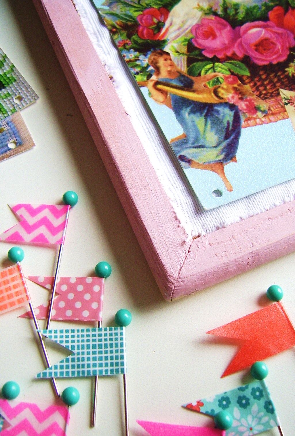Silly Old Suitcase DIY; a bright neon pinboard with pretty pinsthe