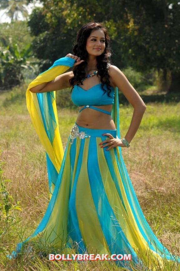 Shanvi looking stunning in a blue and yellow outfit with her navel showing - (2) - Shanvi Blue and yellow dress