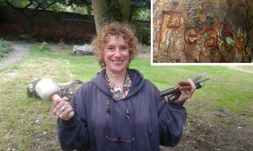 week for peace image - Peggy carving our Peace Pole