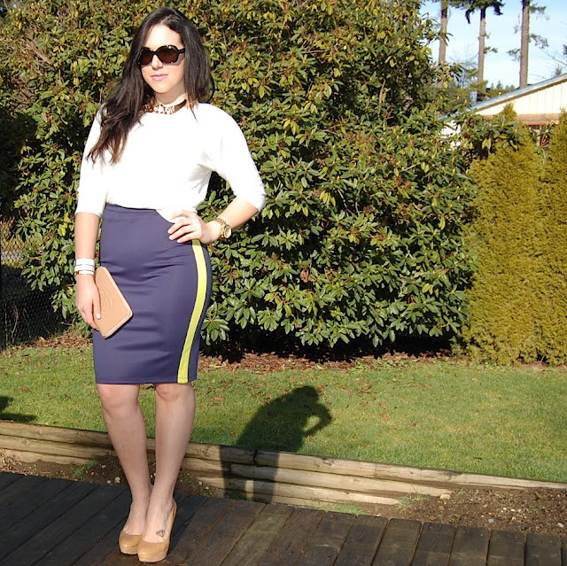 Neoprene pencil skirt with a white Forever 21 sweater and Prada sunglasses