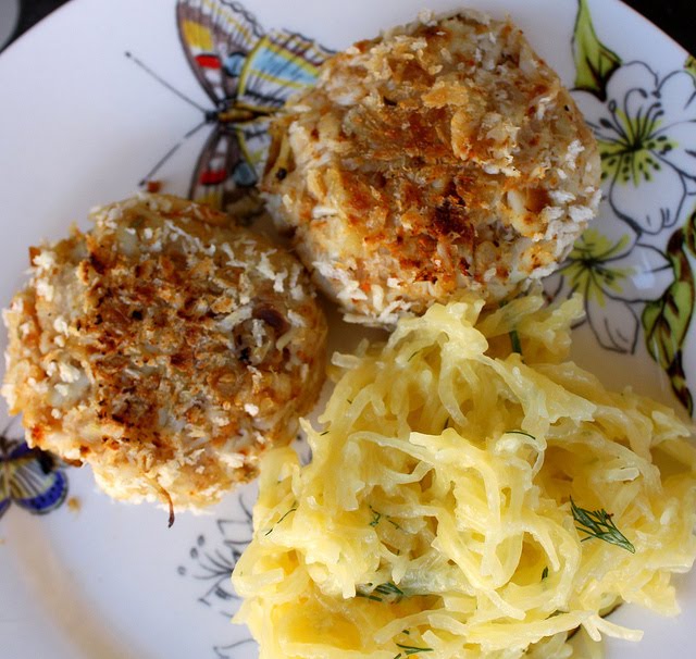 Emerald Rice Cooking spicy crab cakes and spaghetti squash slaw