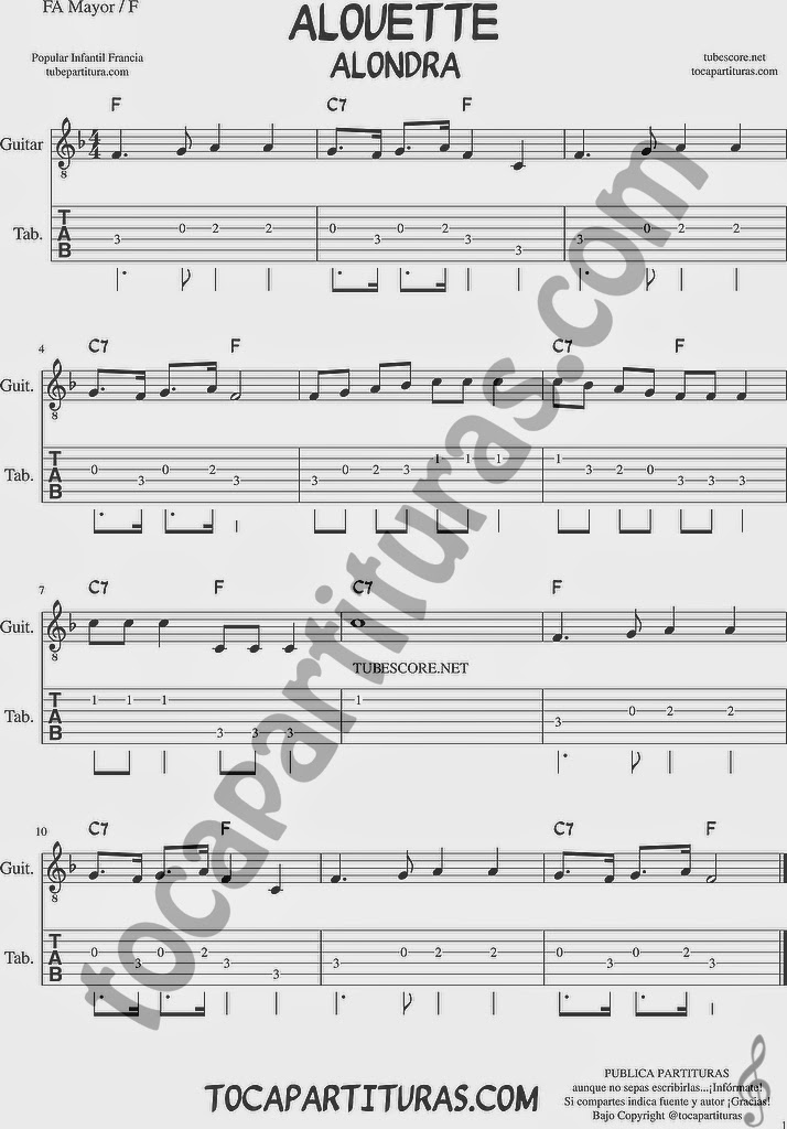 Tubescore Alouette Tablature Sheet Music for Guitar in key F Major Popular Music Score Tab with Chords