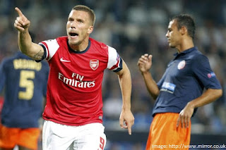 Lukas Podolski scored in both matches against Montpellier