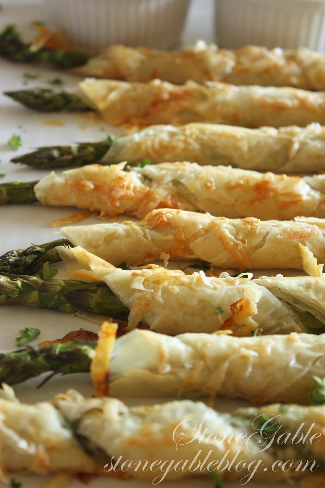 PARMESAN ASPARAGUS PHYLLO ROLLUPS WITH LEMON DIPPING SAUCE StoneGable