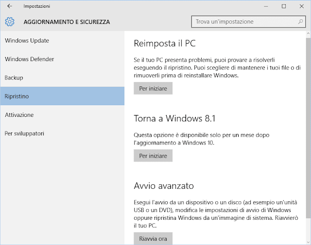 Windows 10 Ripristino Torna a Windows 8.1 o 7