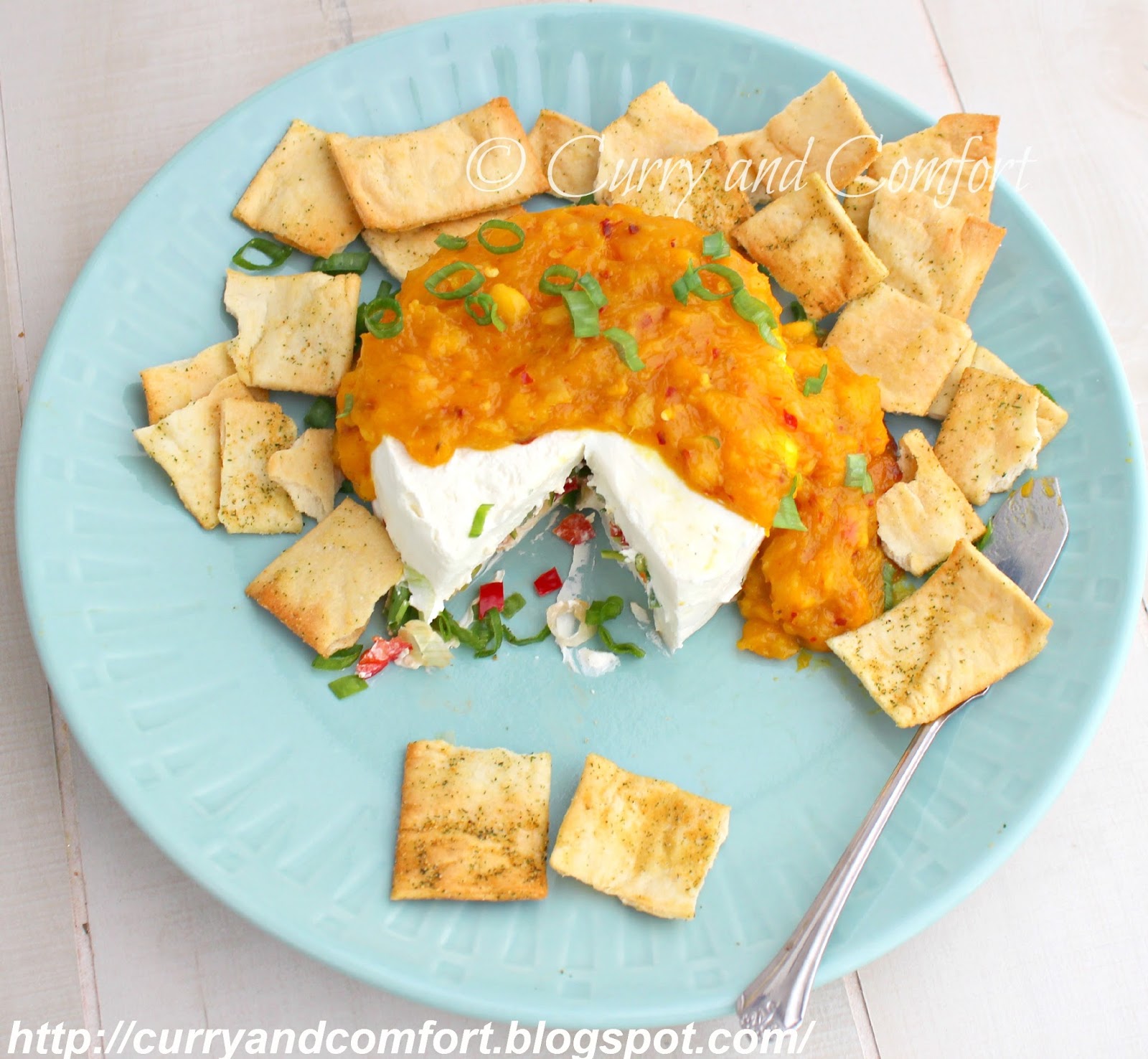 Kitchen Simmer Mango Peach Chutney over Stuffed Cream Cheese Appetizer