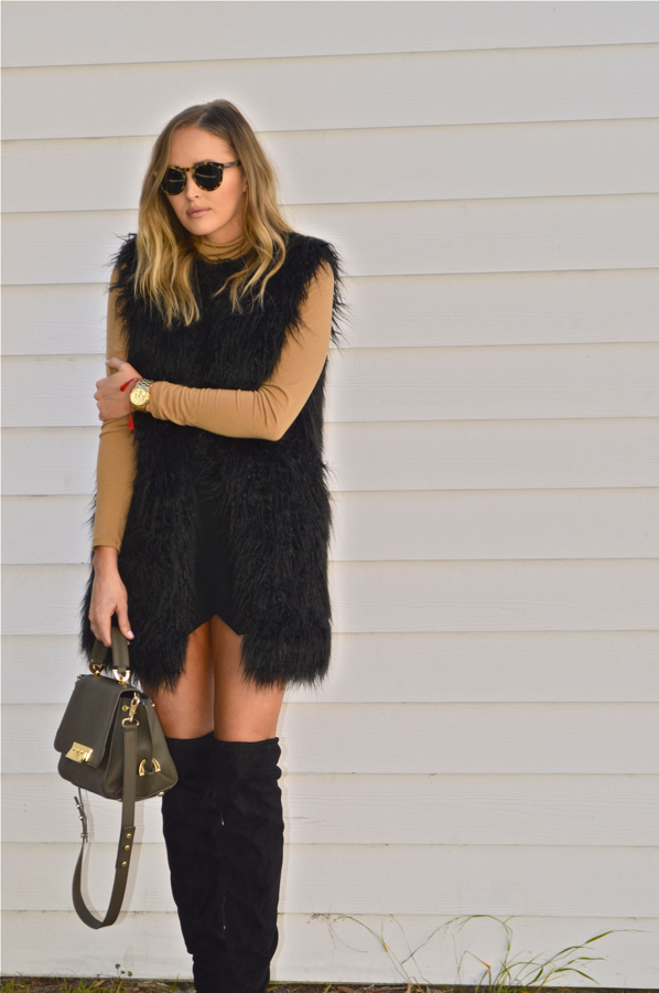 Golden Divine Blog- Ashley Murphy- LA Fashion Blogger- French Connection Fur Vest- Over The Knee Boots- Illesteva Sunglasses