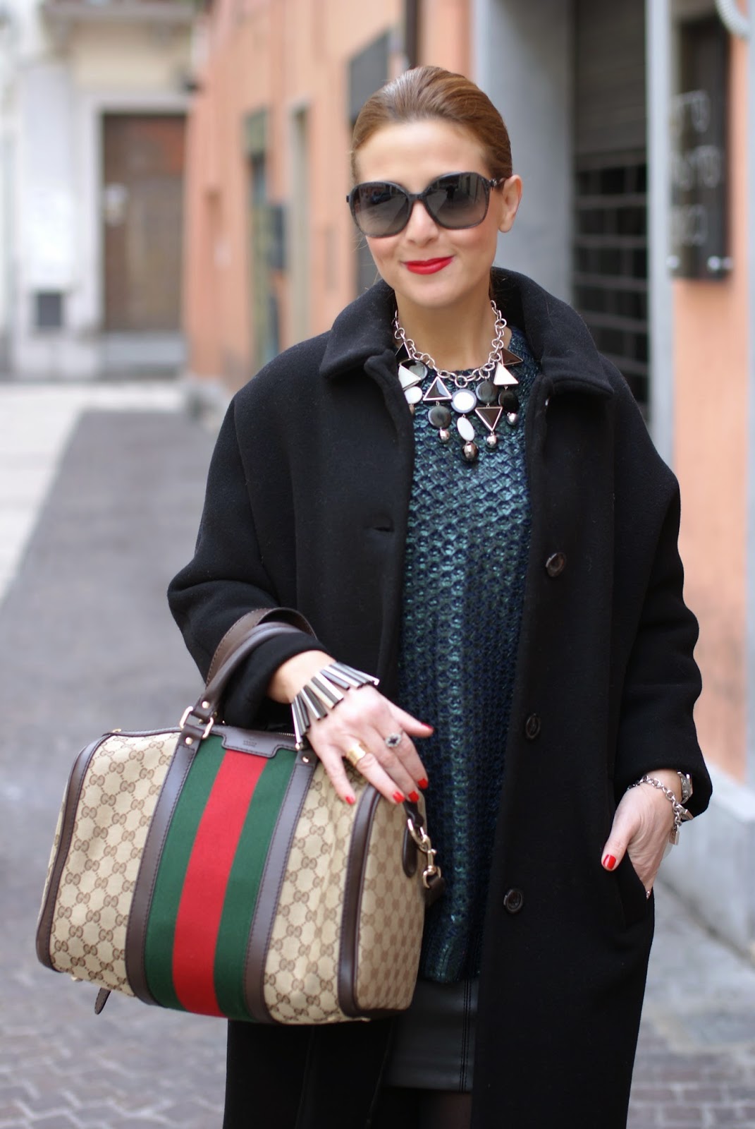 metallic finish jumper worn with leather mini skirt, Gucci web boston bag, Fashion and Cookies, fashion blogger