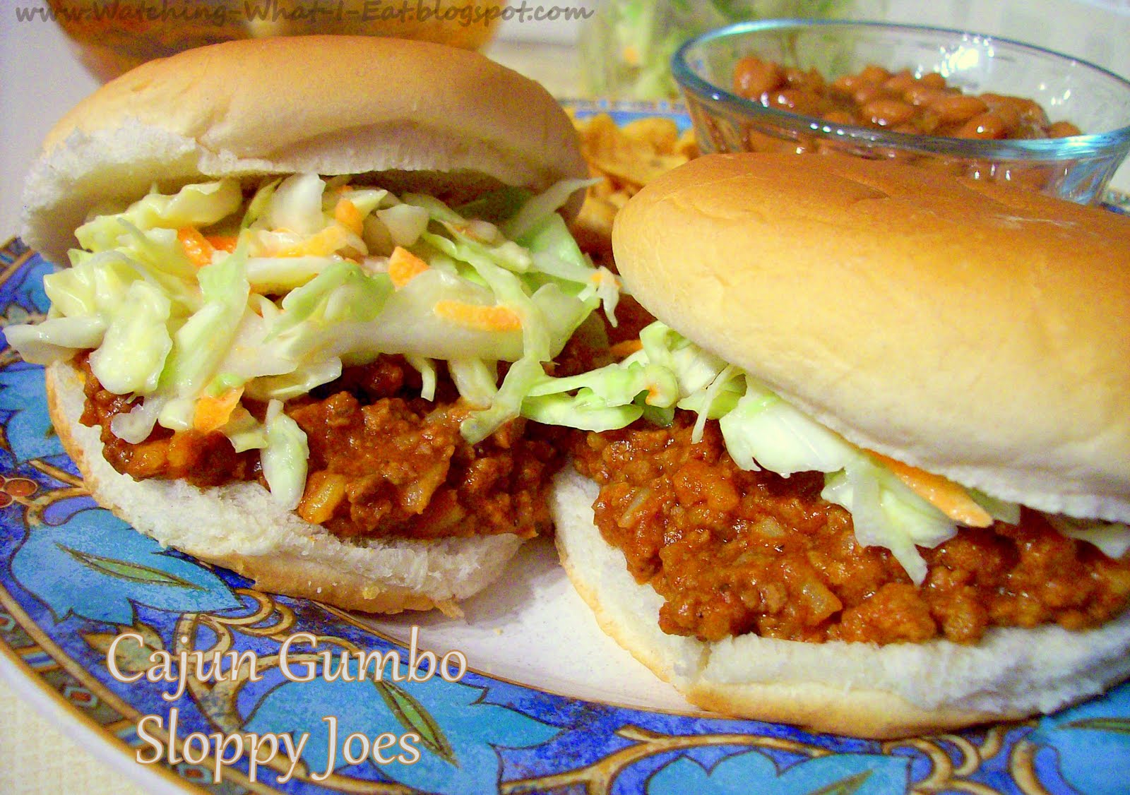 Watching What I Eat Betty's Cajun Gumbo Sloppy Joes topped with Coleslaw