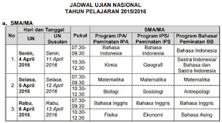 jadwal UN SMA dan MA 2016