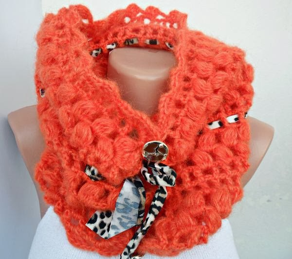 Ücretsiz Kargo - Turuncu Renk - Tığ İşi Boyunluk | ! Butik noyumberry