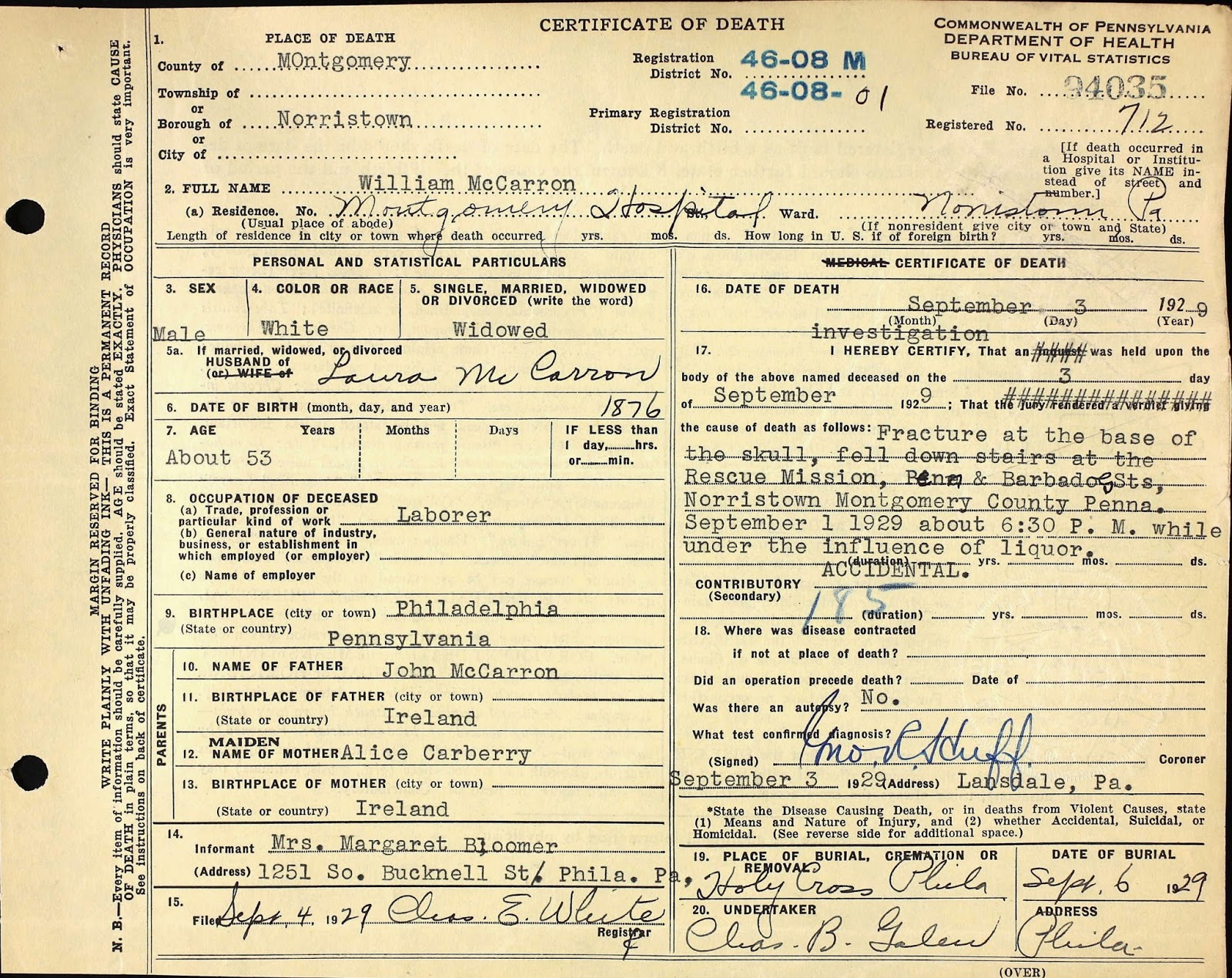 Touching Family History Finding McCarron's using PA Birth Records