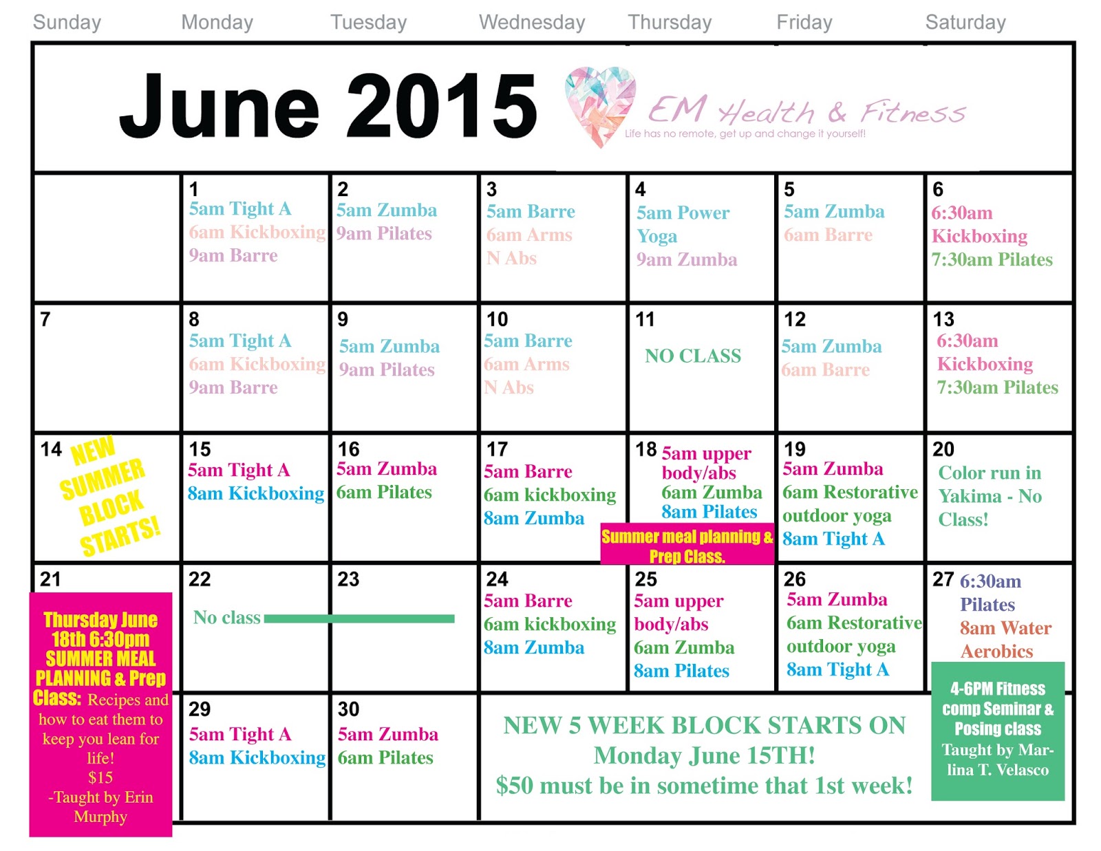 Erin Murphy Health and Fitness June Fitness class Schedule!!! And INFO