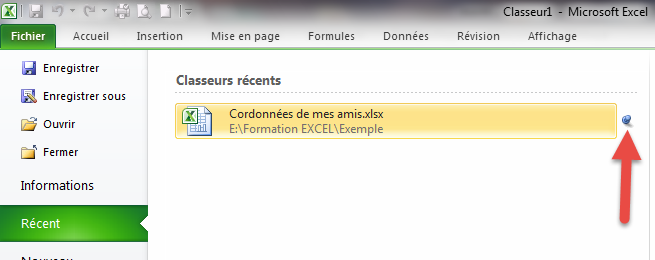 épingler classeur excel