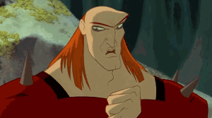 Animated gif of a cartoon villain putting his hand on his chin while his eyebrows do the wave as though he just thought of something evil.